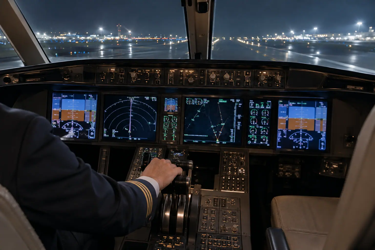 Business jet cockpit before departure