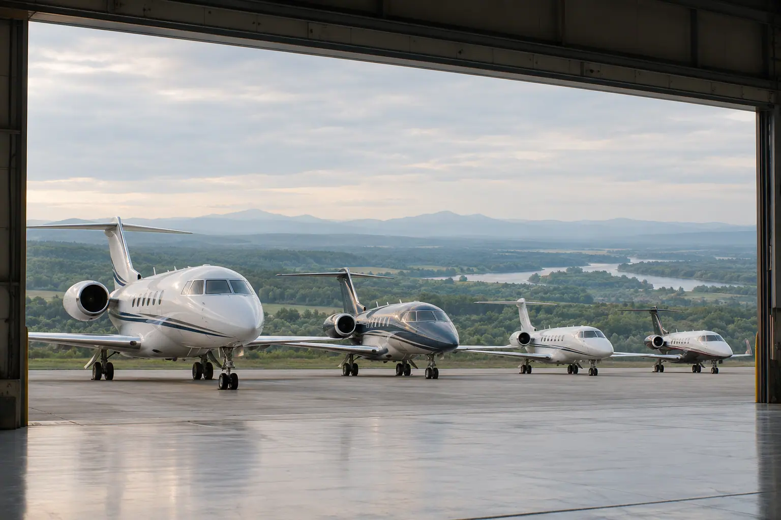 Business jets of different sizes on a ramp